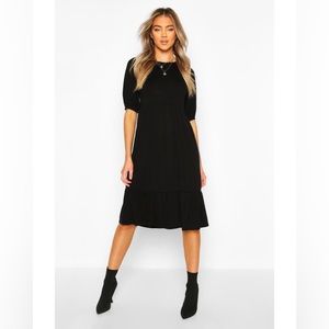 Elasticated Sleeve Drop Hem Midi Dress